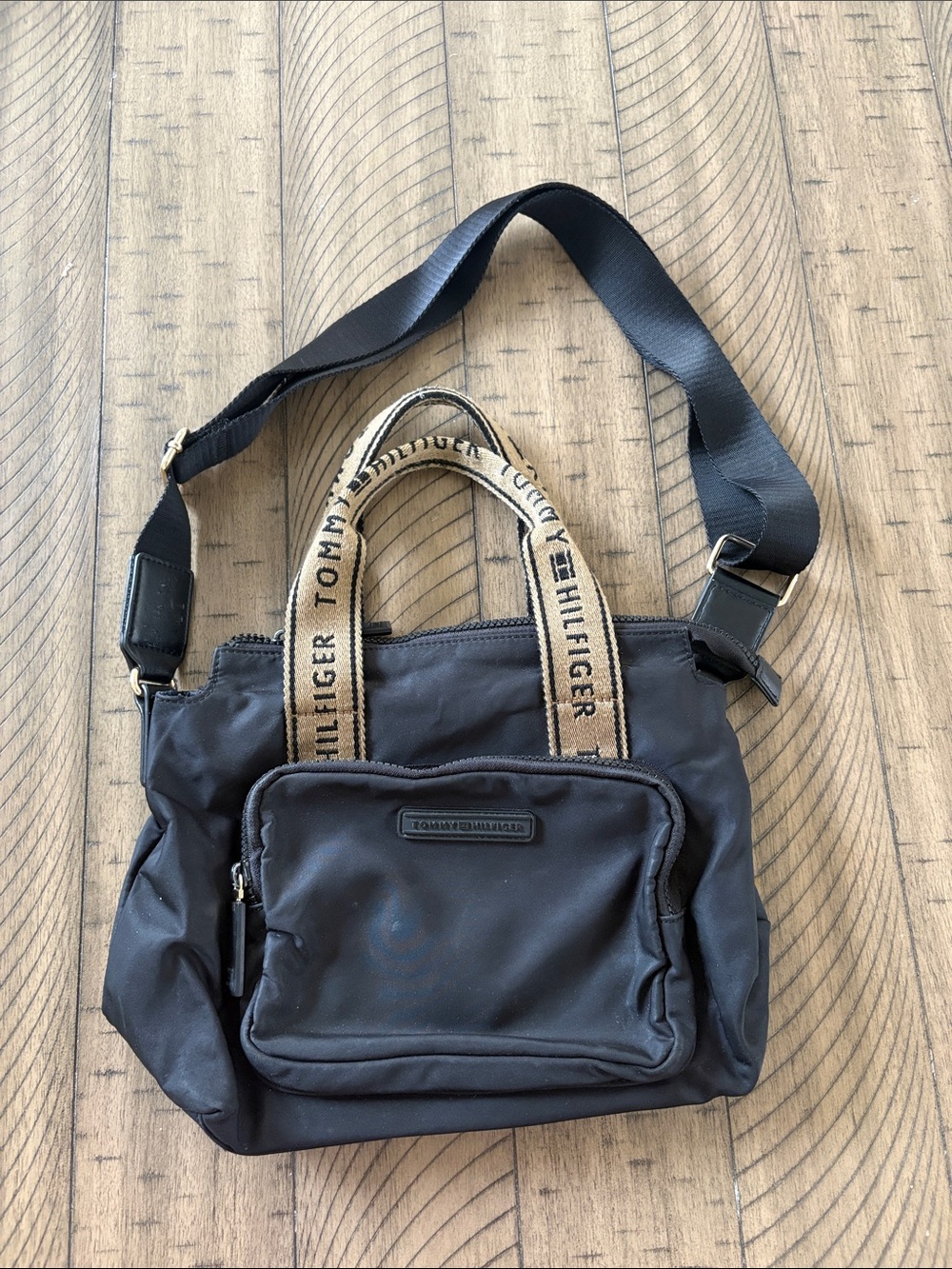 Tommy Hilfiger Black Messenger Bag with Logo Webbing Handles